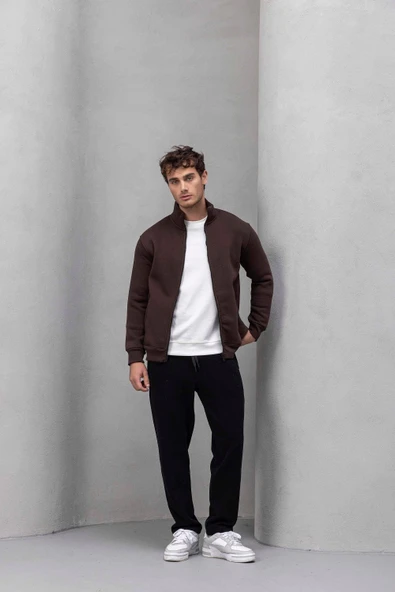 Marcel Regular Fit Fermuarlı Kıstırma Cepli Üç İp Şardonlu Erkek Sweatshirt - Kahve - Resim 7