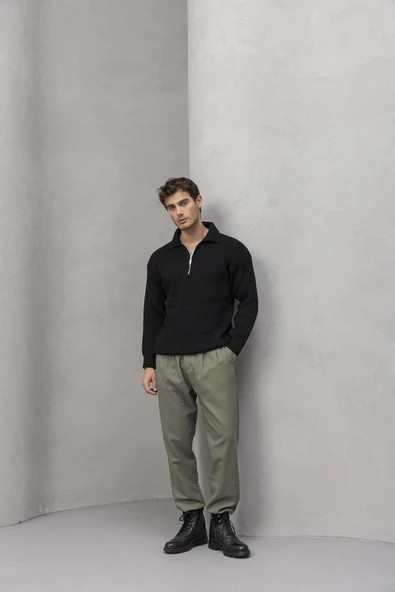 Gibson Oversize Yarım Fermuar Gömlek Polo Yaka Selanik Örme Erkek Triko Kazak - Siyah - 5