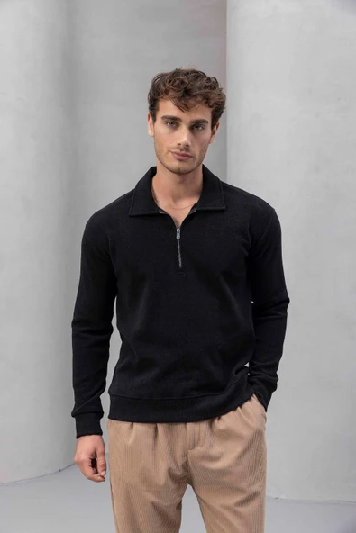 Eric Relax Fit Yarım Fermuarlı Polo Yaka Selanik Kumaş Erkek Sweatshirt - Siyah - Resim 2