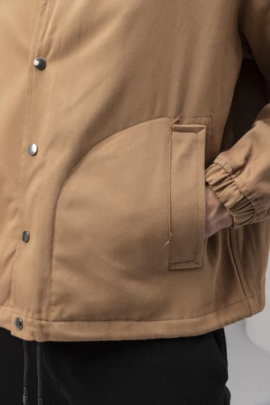 Lauri Workwear Tarzı Tok Kumaş Kadife Yakalı Rahat Kalıp Erkek Ceket - Kahverengi - Resim 3