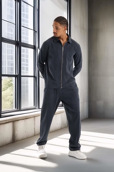 Baggy Kalıp Cupra Kumaş Jogger Erkek Eşofman Altı Pantolon - Füme - Resim 7