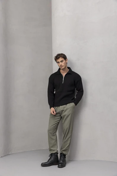 Gibson Oversize Yarım Fermuar Gömlek Polo Yaka Selanik Örme Erkek Triko Kazak - Siyah - 4