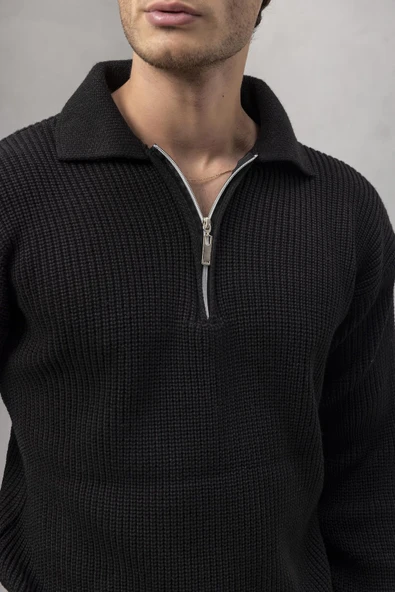 Gibson Oversize Yarım Fermuar Gömlek Polo Yaka Selanik Örme Erkek Triko Kazak - Siyah - 3