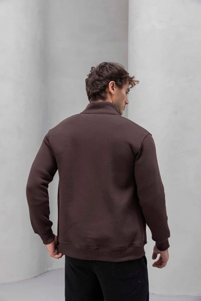 Marcel Regular Fit Fermuarlı Kıstırma Cepli Üç İp Şardonlu Erkek Sweatshirt - Kahve - Resim 4