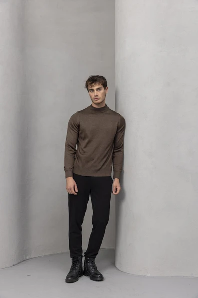 Fincher Yarım Balıkçı Fit Kalıp Boğazlı Erkek Kazak - Kahve - Resim 4