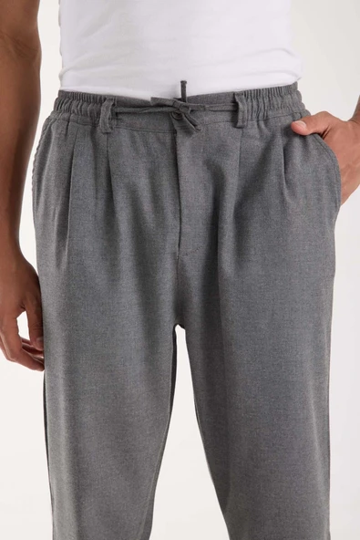 Bezayağı Kumaş Relax Fit Duble Paça Jogger Pantolon - Gri - Resim 2