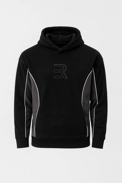 Frank Parçalı Kontrast Desenli Kapüşonlu Oversize Cepli Polar Erkek Sweatshirt - Siyah ürün görseli