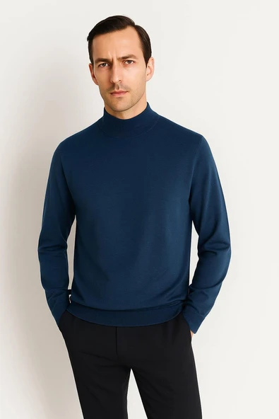 Fincher Yarım Balıkçı Fit Kalıp Boğazlı Erkek Kazak - İndigo - Resim 2