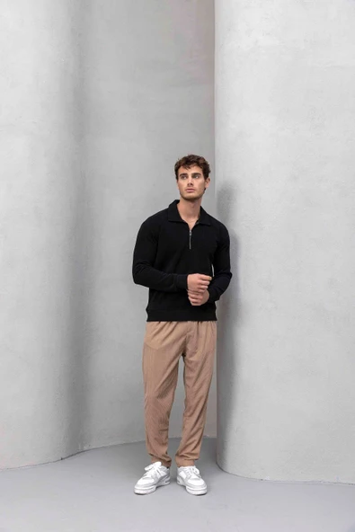 Eric Relax Fit Yarım Fermuarlı Polo Yaka Selanik Kumaş Erkek Sweatshirt - Siyah - Resim 8