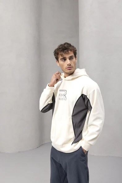 Frank Parçalı Kontrast Desenli Kapüşonlu Oversize Cepli Polar Erkek Sweatshirt - Ekru - Resim 6