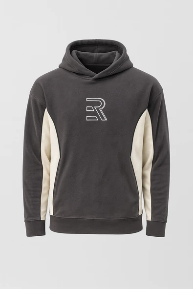 Frank Parçalı Kontrast Desenli Kapüşonlu Oversize Cepli Polar Erkek Sweatshirt - Füme ürün görseli