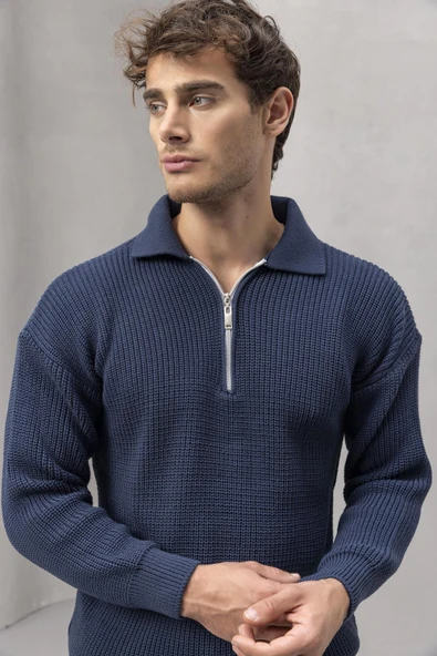 Gibson Oversize Yarım Fermuar Gömlek Polo Yaka Selanik Örme Erkek Triko Kazak - İndigo - 3