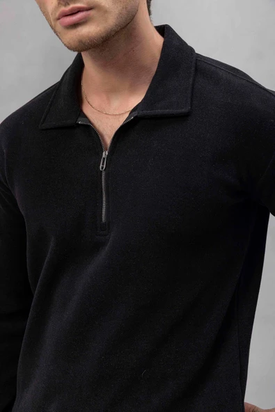 Eric Relax Fit Yarım Fermuarlı Polo Yaka Selanik Kumaş Erkek Sweatshirt - Siyah - Resim 3