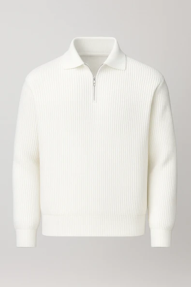 Gibson Oversize Yarım Fermuar Gömlek Polo Yaka Selanik Örme Erkek Triko Kazak - Ekru ürün görseli