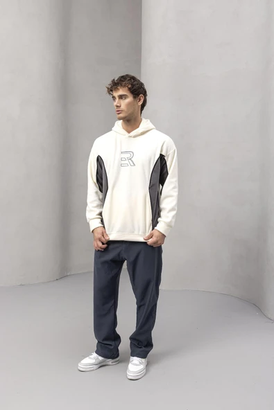 Frank Parçalı Kontrast Desenli Kapüşonlu Oversize Cepli Polar Erkek Sweatshirt - Ekru - Resim 4