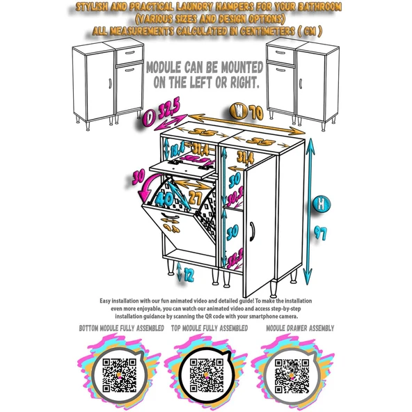 Modilayn YENİCE 70x97x32,5 cm 3 raflı ve 3 sepetli dolap ile çamaşırlarınız artık daha düzenli. - 5