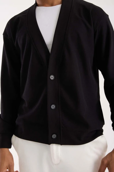 Potter Dokulu Selanik Kumaş Oversize Basic 3 Düğmeli Erkek Hırka - Siyah - Resim 2