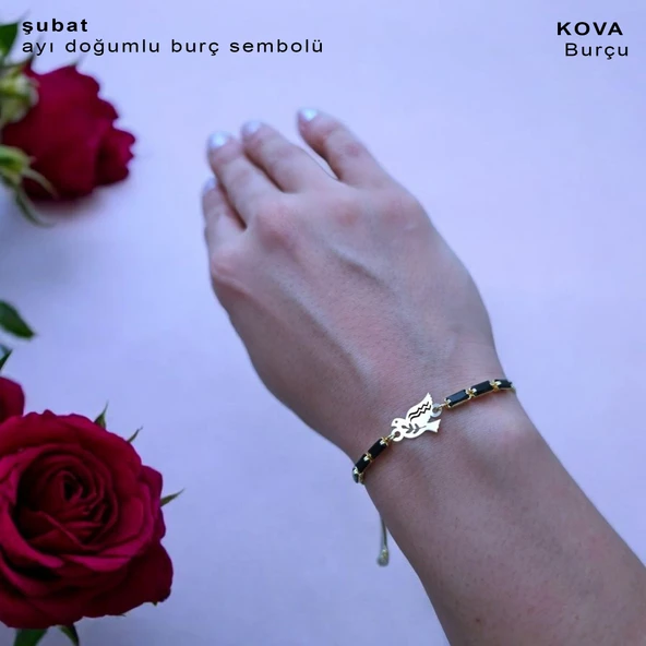 Doğum Ayına Özel 14 Ayar Altın Plakalı Kuş Figürlü Zincirli Siyah Taş Desenli Hediye Bileklik-378 - Resim 2