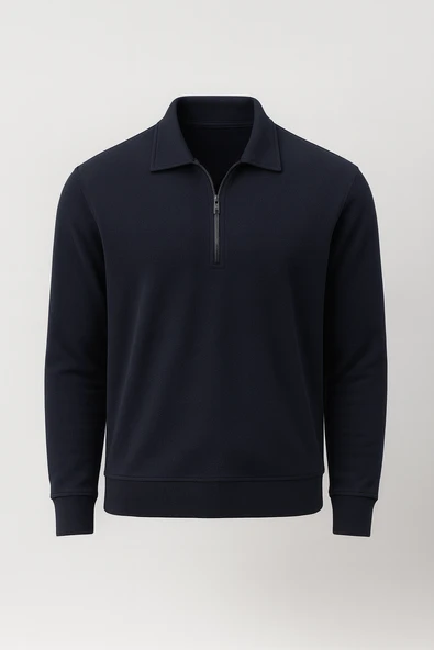 Eric Relax Fit Yarım Fermuarlı Polo Yaka Selanik Kumaş Erkek Sweatshirt - Lacivert ürün görseli