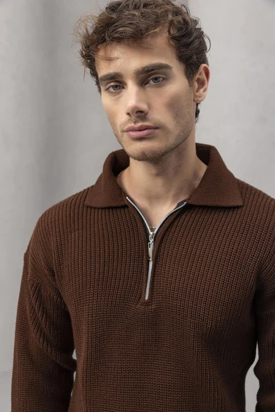 Gibson Oversize Yarım Fermuar Gömlek Polo Yaka Selanik Örme Erkek Triko Kazak - Kahve - 3