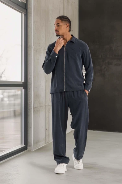 Baggy Kalıp Cupra Kumaş Jogger Erkek Eşofman Takımı - Füme - Resim 4