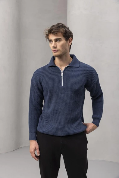 Gibson Oversize Yarım Fermuar Gömlek Polo Yaka Selanik Örme Erkek Triko Kazak - İndigo - 5