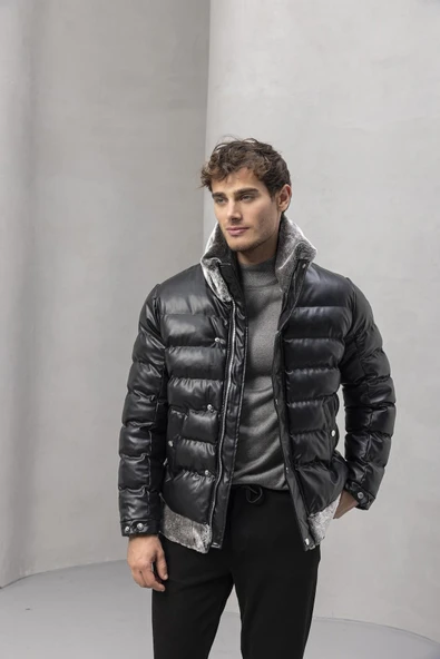 Gustav Yakası Kürklü Çıtçıtlı ve Fermuarlı Erkek Mont - Siyah - Resim 6