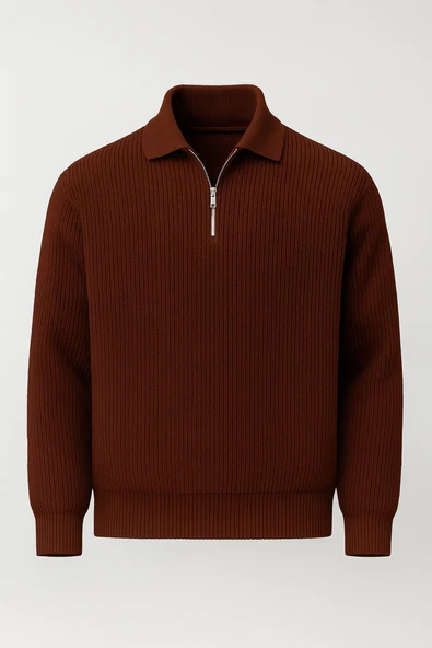 Gibson Oversize Yarım Fermuar Gömlek Polo Yaka Selanik Örme Erkek Triko Kazak - Kahve