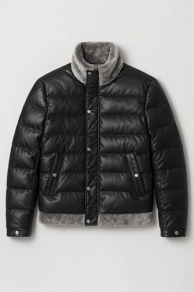 Gustav Yakası Kürklü Çıtçıtlı ve Fermuarlı Erkek Mont - Siyah ürün görseli 1