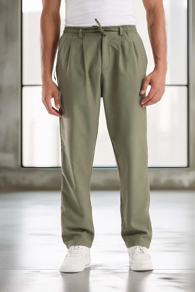 Bezayağı Kumaş Relax Fit Duble Paça Jogger Pantolon - Avcı Yeşili ürün görseli