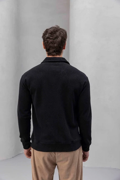 Eric Relax Fit Yarım Fermuarlı Polo Yaka Selanik Kumaş Erkek Sweatshirt - Siyah - Resim 4