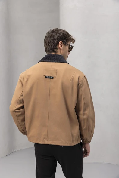 Lauri Workwear Tarzı Tok Kumaş Kadife Yakalı Rahat Kalıp Erkek Ceket - Kahverengi - Resim 4
