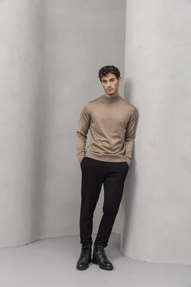 Fincher Yarım Balıkçı Fit Kalıp Boğazlı Erkek Kazak - Bej - Resim 4