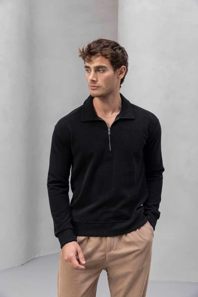 Eric Relax Fit Yarım Fermuarlı Polo Yaka Selanik Kumaş Erkek Sweatshirt - Siyah - Resim 7