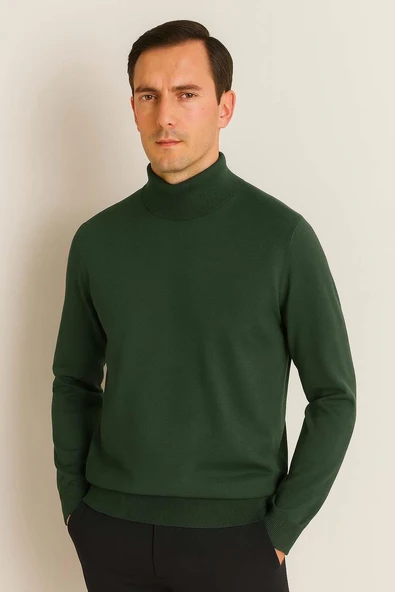 Fincher Yarım Balıkçı Fit Kalıp Boğazlı Erkek Kazak - Yeşil - Resim 2