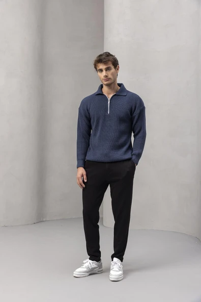 Gibson Oversize Yarım Fermuar Gömlek Polo Yaka Selanik Örme Erkek Triko Kazak - İndigo - 6