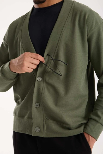 Potter Dokulu Selanik Kumaş Oversize Basic 3 Düğmeli Erkek Hırka - Avcı Yeşili - Resim 5