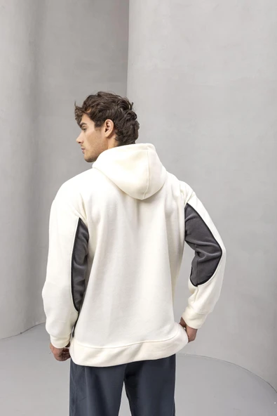 Frank Parçalı Kontrast Desenli Kapüşonlu Oversize Cepli Polar Erkek Sweatshirt - Ekru - Resim 7