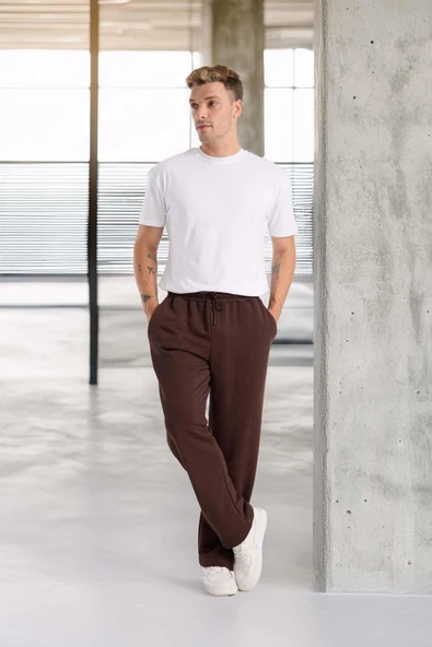 Mendes Baggy Kalıp Diagonal 3 İplik Kumaş Erkek Eşofman Altı Pantolon - Kahve - Resim 6