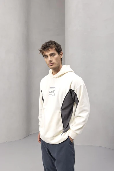 Frank Parçalı Kontrast Desenli Kapüşonlu Oversize Cepli Polar Erkek Sweatshirt - Ekru - Resim 5