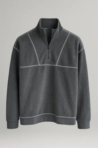 Crowe Çizgi Şeritli Oversize Yarım Fermuar Polar Erkek Sweatshirt - Füme ürün görseli