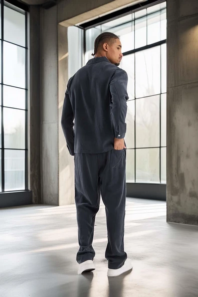 Baggy Kalıp Cupra Kumaş Jogger Erkek Eşofman Takımı - Füme - Resim 7