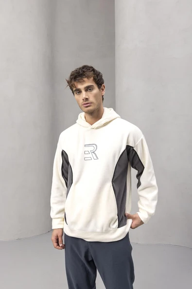 Frank Parçalı Kontrast Desenli Kapüşonlu Oversize Cepli Polar Erkek Sweatshirt - Ekru - Resim 2