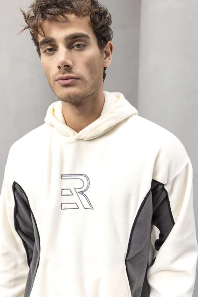 Frank Parçalı Kontrast Desenli Kapüşonlu Oversize Cepli Polar Erkek Sweatshirt - Ekru - Resim 3