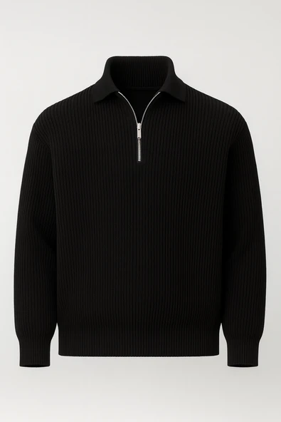 Gibson Oversize Yarım Fermuar Gömlek Polo Yaka Selanik Örme Erkek Triko Kazak - Siyah