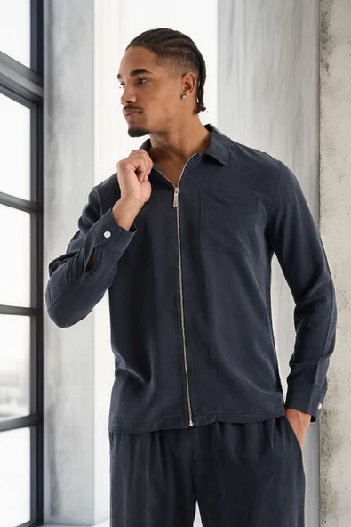 Regular Fit Cupra Kumaş Fermuarlı Erkek Ceket - Füme - Resim 5