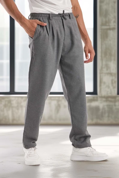 Bezayağı Kumaş Relax Fit Duble Paça Jogger Pantolon - Gri - Resim 5
