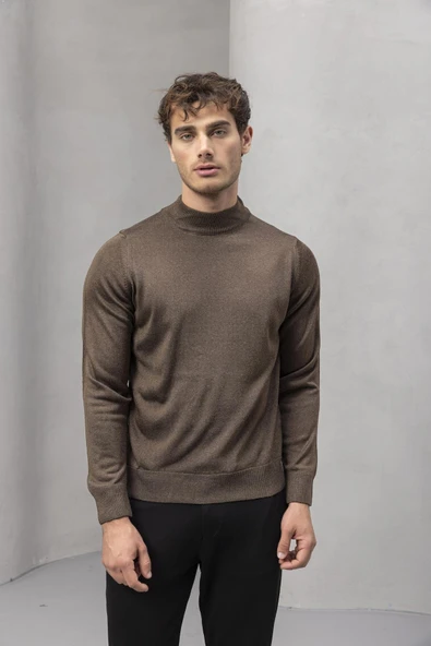 Fincher Yarım Balıkçı Fit Kalıp Boğazlı Erkek Kazak - Kahve - Resim 2