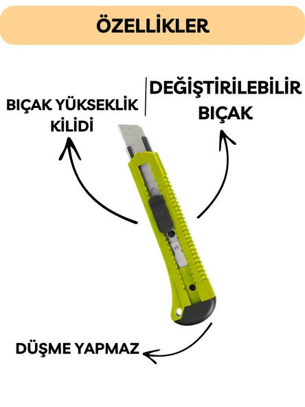 Beylini Falçata Plastik Gövde Geniş Maket Bıçağı Büyük Boy Halı Karton Kutu Gündelik Kullanım Hobi Bıçağı Sarı 15 CM - 4