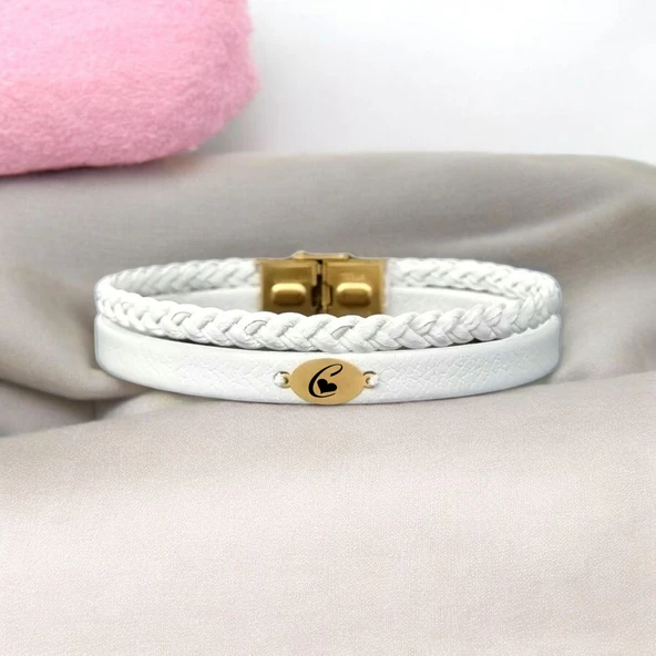 Harfe Özel Sevgililer Günü İçin 14 Ayar Altın Plakalı Oval Motifli Doğal Beyaz Derili Hediye Bileklik-380 ürün görseli